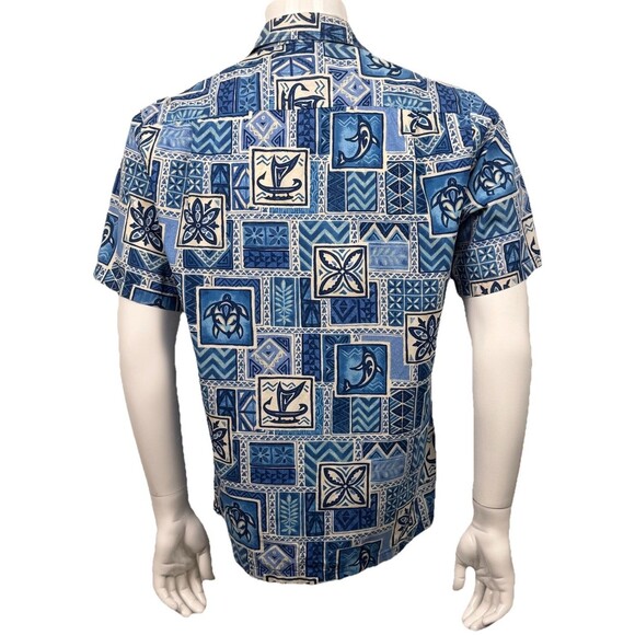 Vintage Hawaiian Aloha Shirt 50s 60s Pride of Hawaii Made‎ Hawaii Blue Tapa M L - Picture 2 of 5